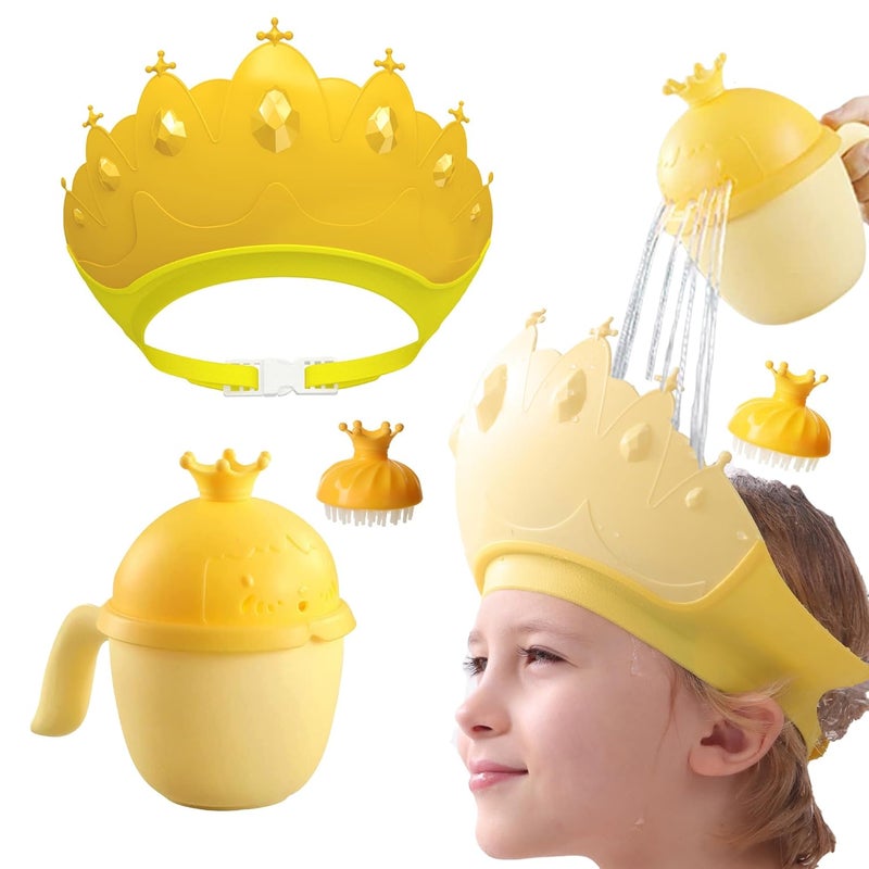Thcbme Baby Shower Cap Shield, Baby bath set shower cap/water cup/massage brush,Visor Hat for Eye and Ear Protection for 0-9 Years Old Children,Cute Crown Shape Makes the Baby Bath More Fun (Yellow) - Image 1